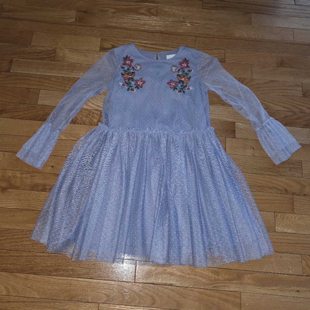 BCBG Light Blue Kids Dress with Floral Embroidery